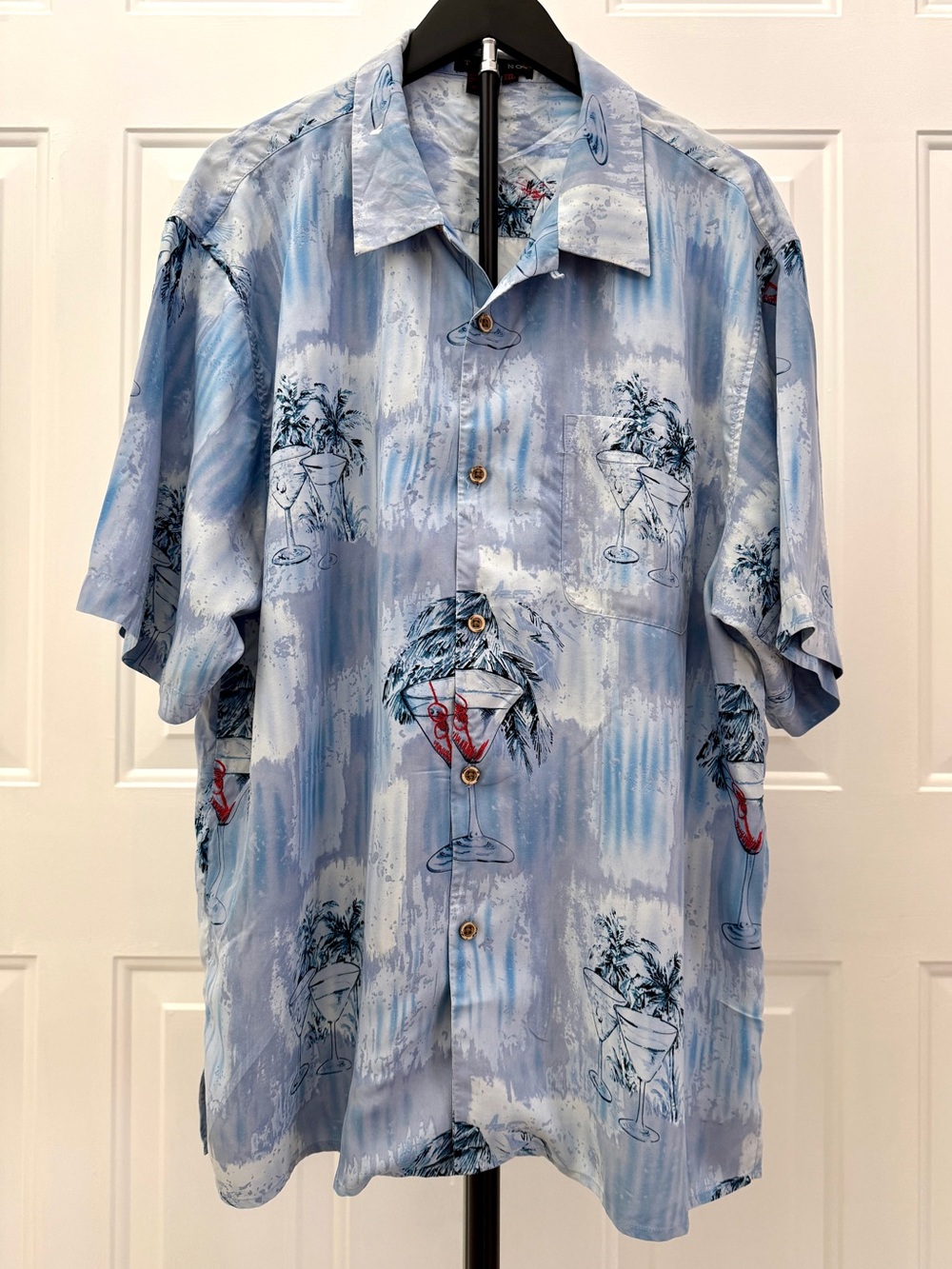 Casual Light Blue Tropical Cocktail Print Short-Sleeve Button-Down Shirt
